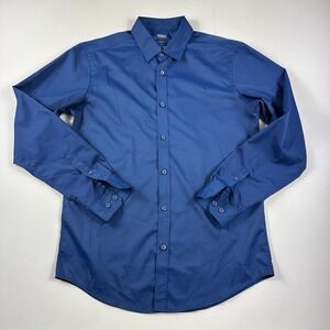 Mix & NY Slim Fit Performance Long‎ Sleeve Button Up Dress Shirt Blue Mens Small